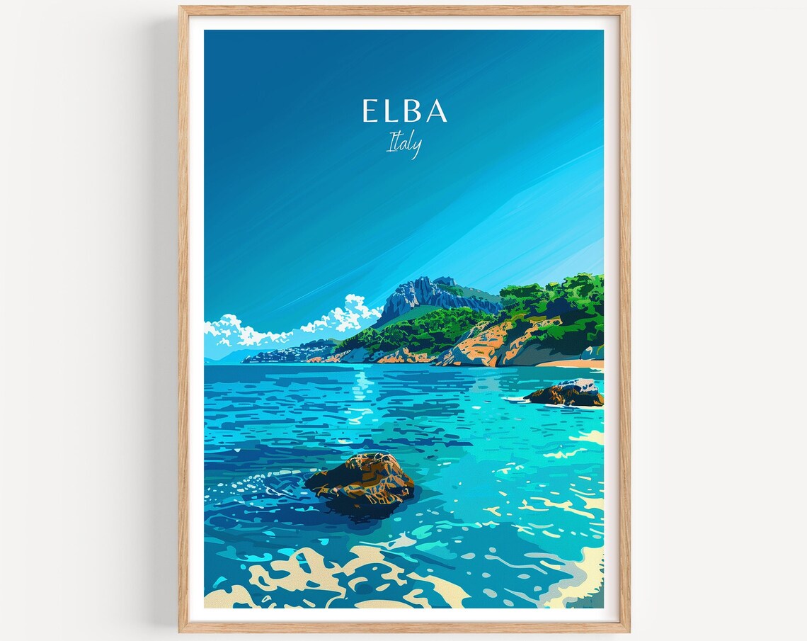 Elba Italy Island Turquoise Bay Rocky Headland Travel Art Poster