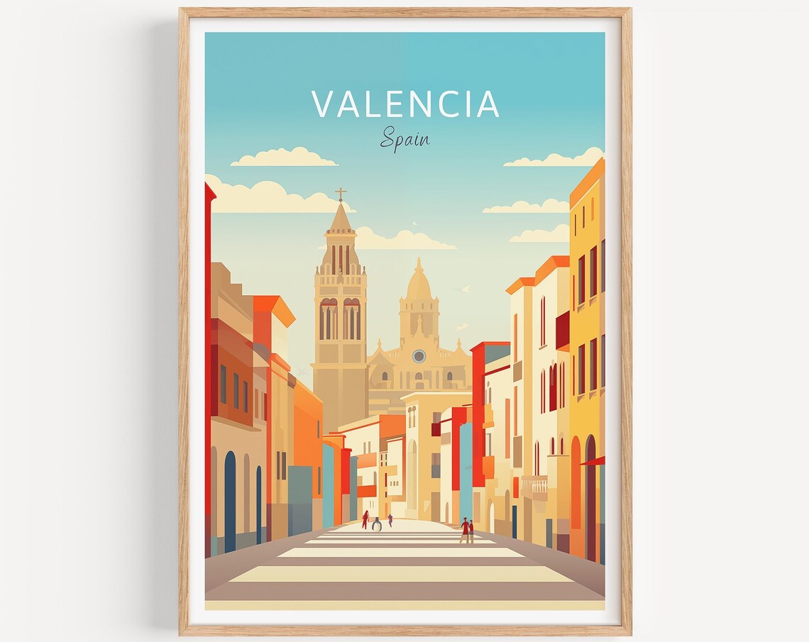 Valencia Spain Old Town Street Cathedral Towers Vintage Travel Poster
