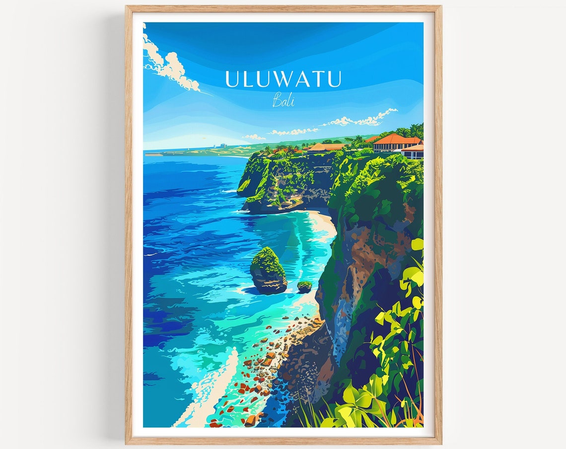 Uluwatu Bali Cliff Temple Ocean View Illustrated Travel Poster