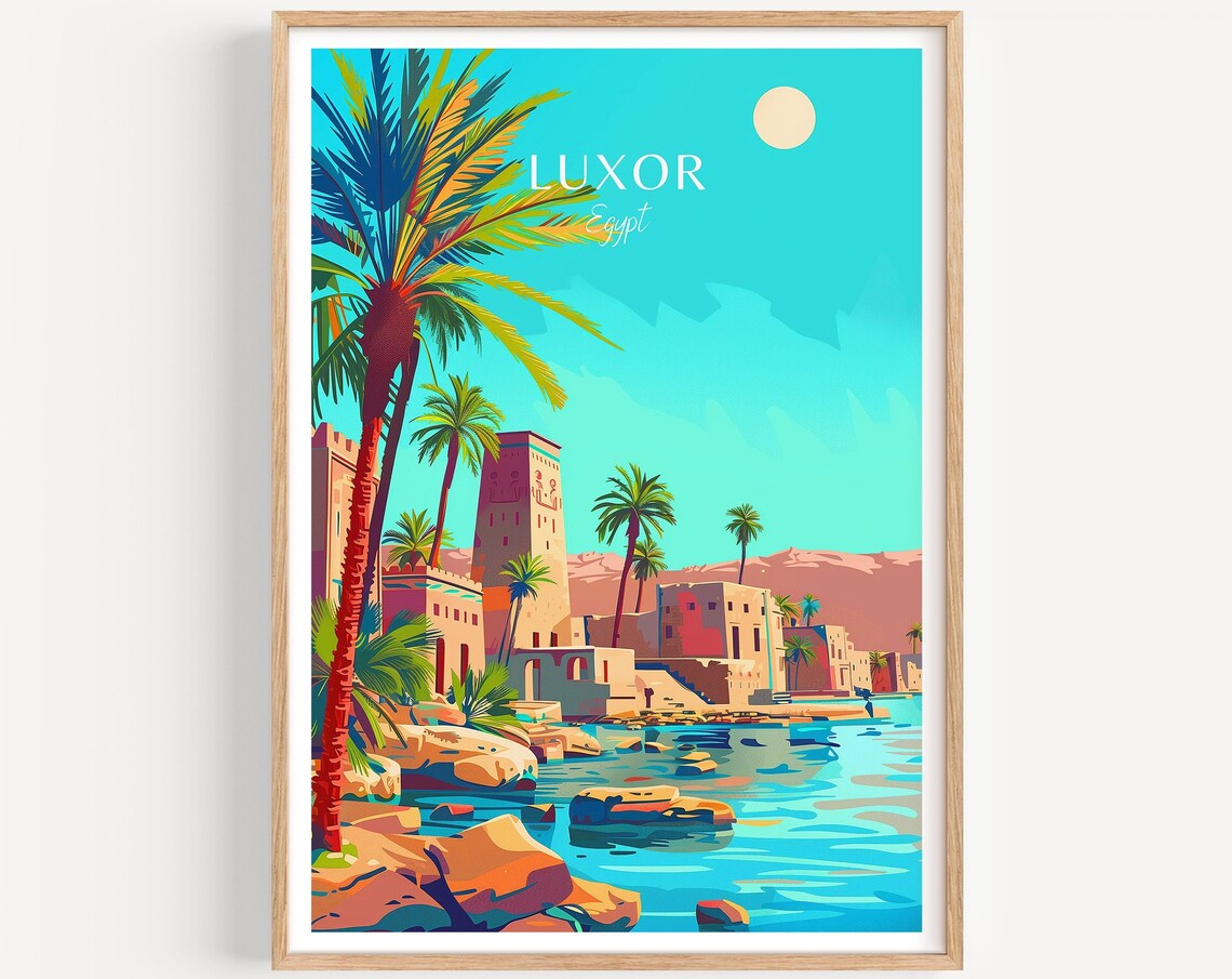 Luxor Egypt Nile Riverside Palm Trees Temple Travel Art Poster