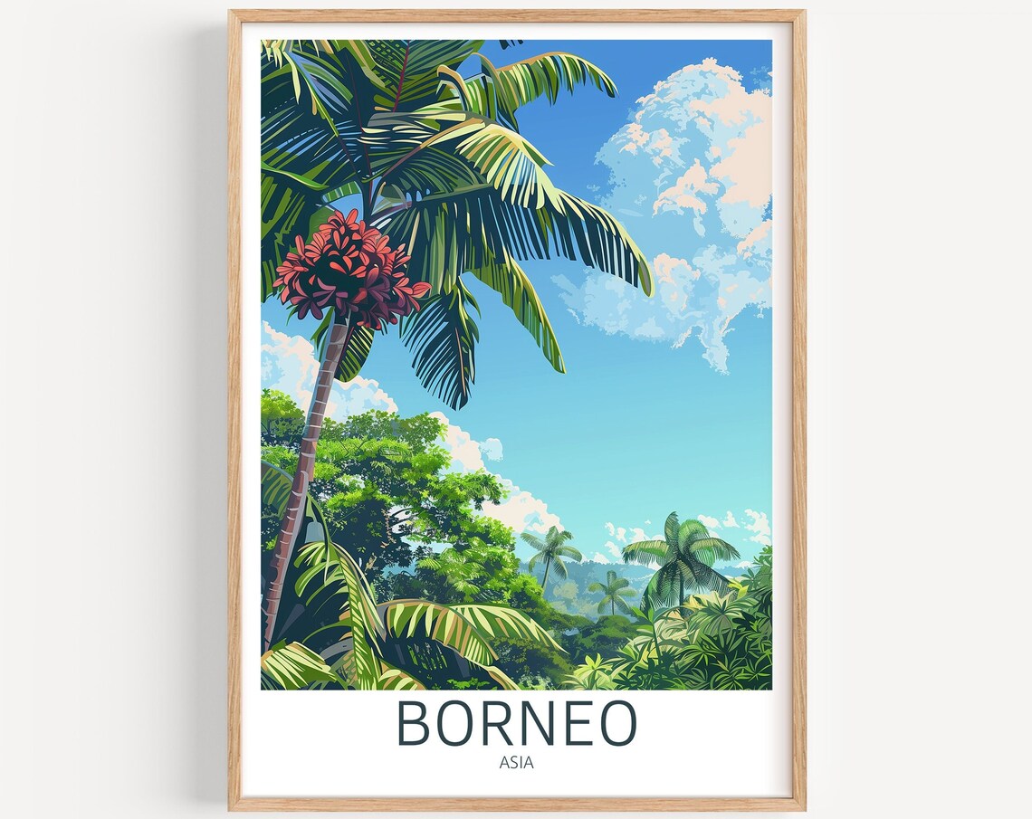 Borneo Asia Rainforest Palm Trees Red Flowers Jungle Art Poster