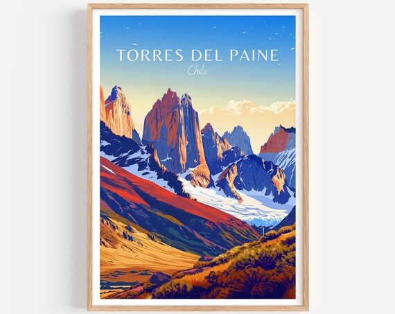 Torres del Paine Chile Granite Towers Sunset Mountain Travel Poster