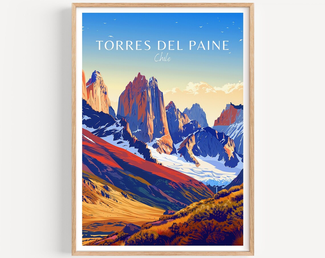 Torres del Paine Chile Granite Towers Sunset Mountain Travel Poster