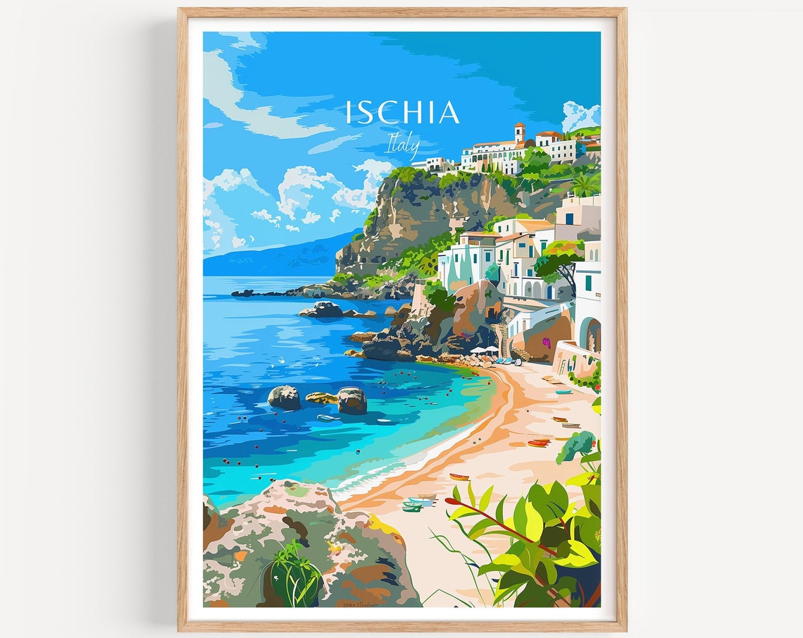 Ischia Italy Cliffside Beach Cove Vintage Travel Poster Artwork
