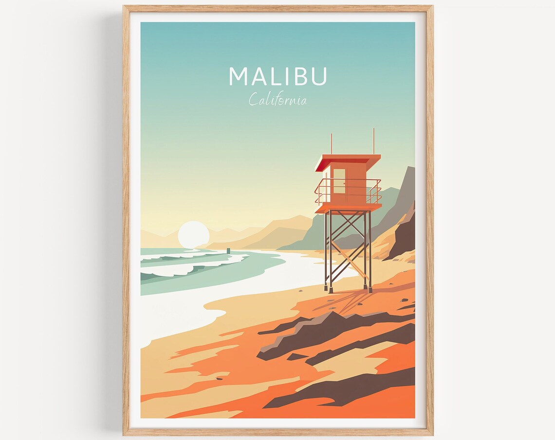 Malibu California Lifeguard Tower Sunset Beach Travel Poster