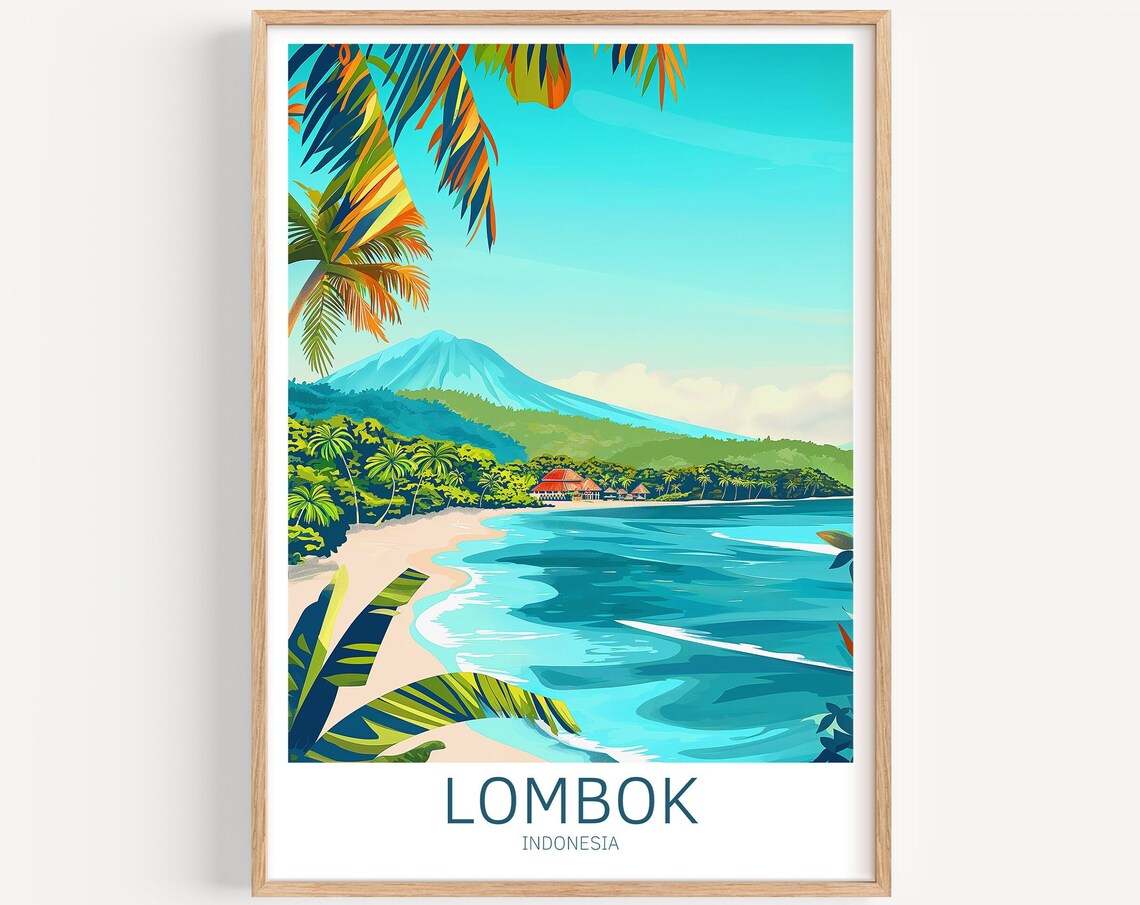 Lombok Indonesia Volcano Beach Tropical Shores Travel Poster