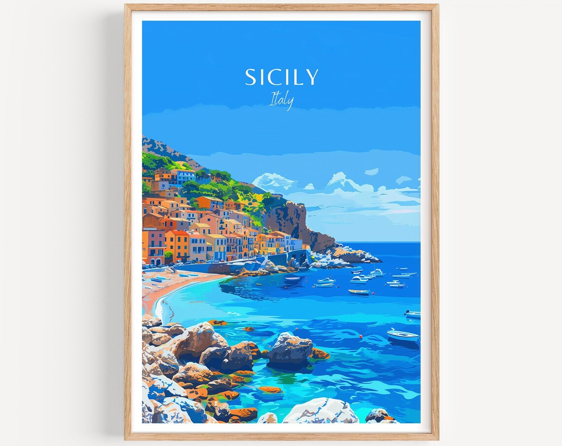 Sicily Italy Colorful Cliffside Coastal Town Fishing Boats Poster
