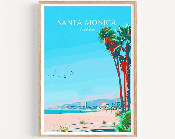 Santa Monica California Palm Trees Sandy Beach Seagull Coast Poster