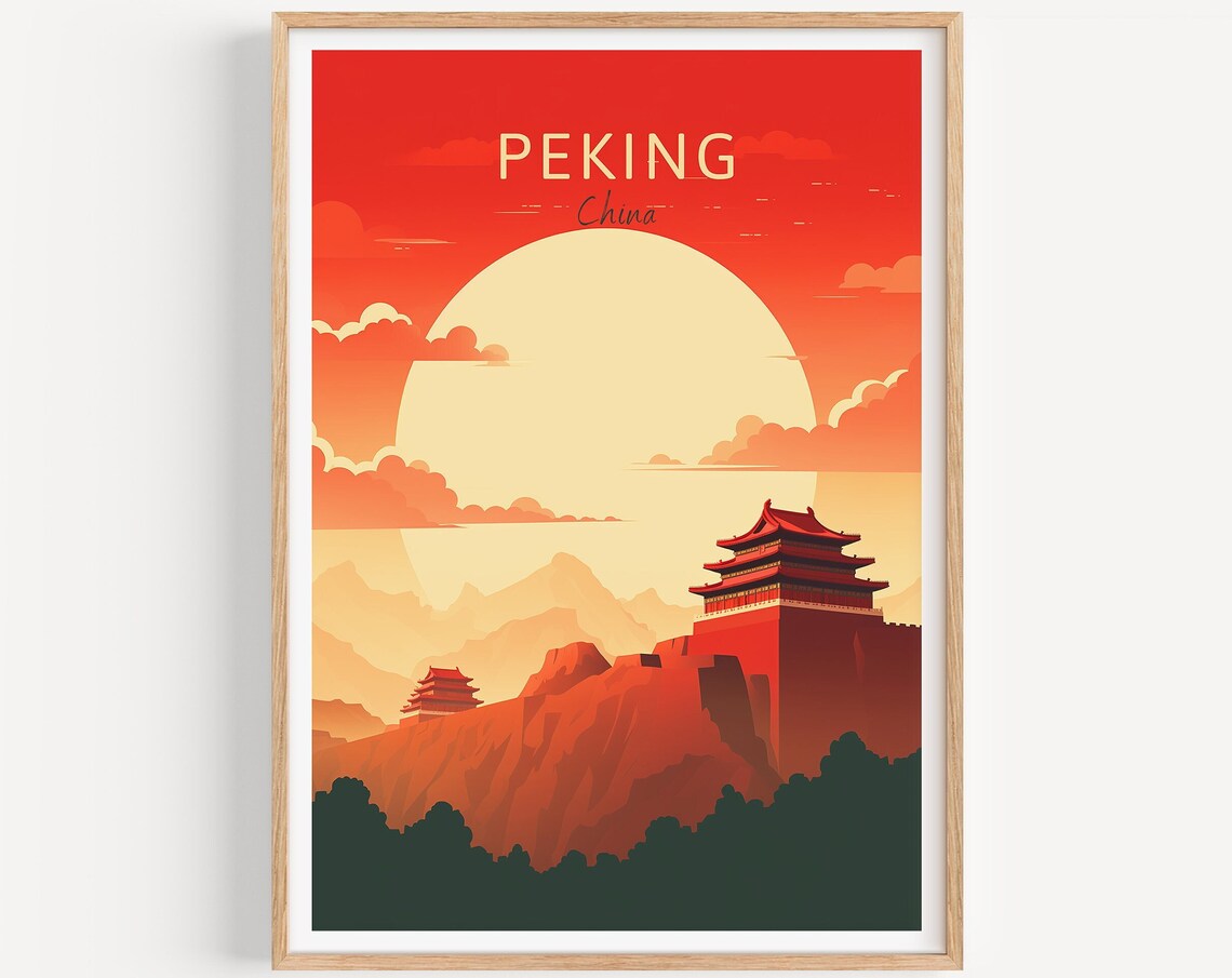 Peking China Imperial Palace Red Sunset Vintage Travel Poster