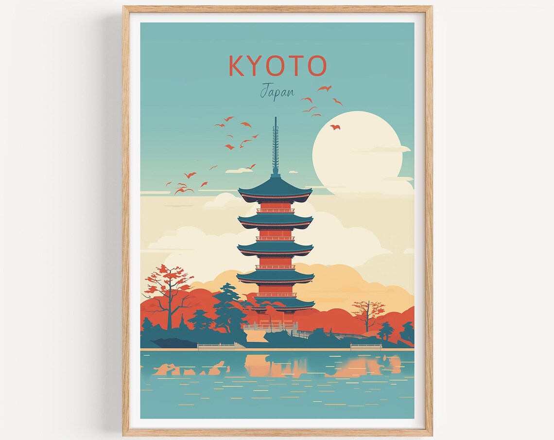 Kyoto Japan Poster Five Story Pagoda Moon Lake Birds Scenic Art