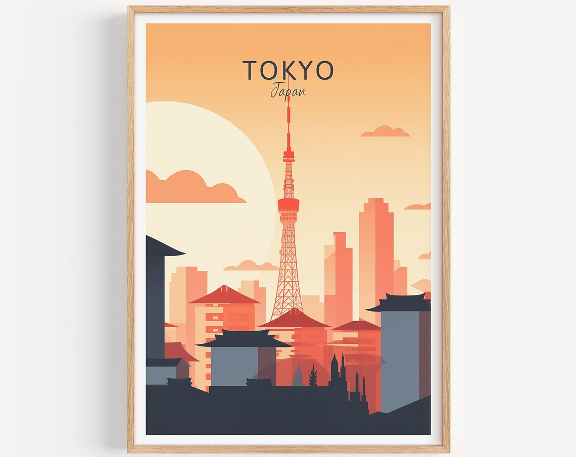 Tokyo Japan Skytree Sunset Skyline Vintage Travel Poster Artwork
