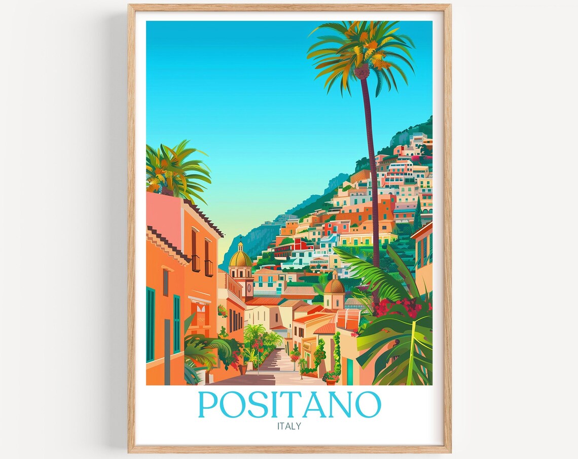 Positano Italy Cliffside Village Dome Palm Trees Travel Poster