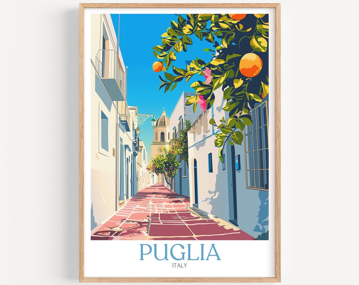 Puglia Italy Whitewashed Street Orange Trees Church Travel Poster