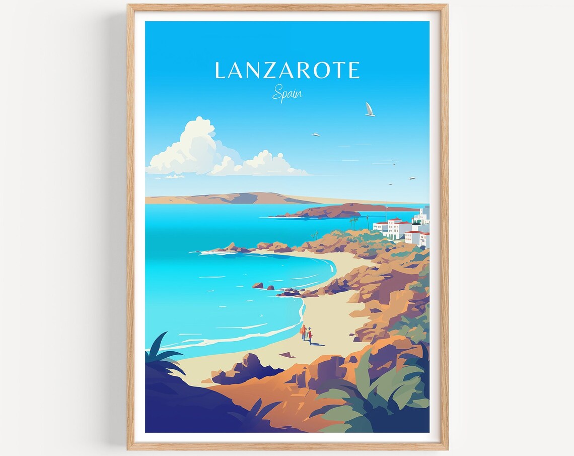 Lanzarote Spain Turquoise Cove White Village Coast Travel Poster