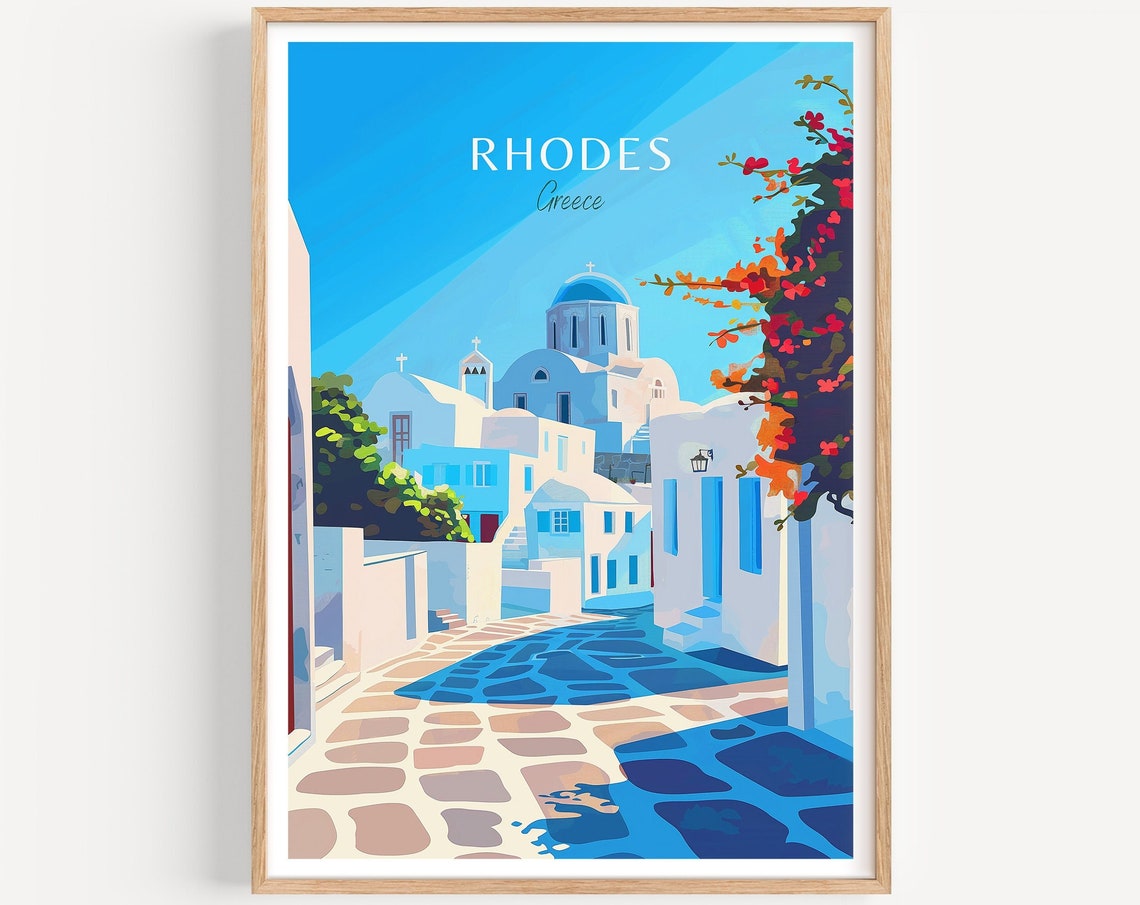 Rhodes Greece Whitewashed Alley with Church Dome and Flowers Poster