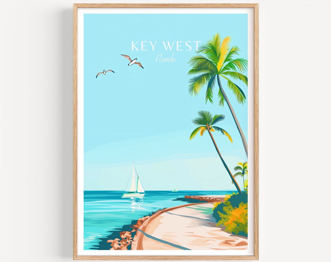 Key West Florida Beach Sailboat and Palm Trees Travel Poster