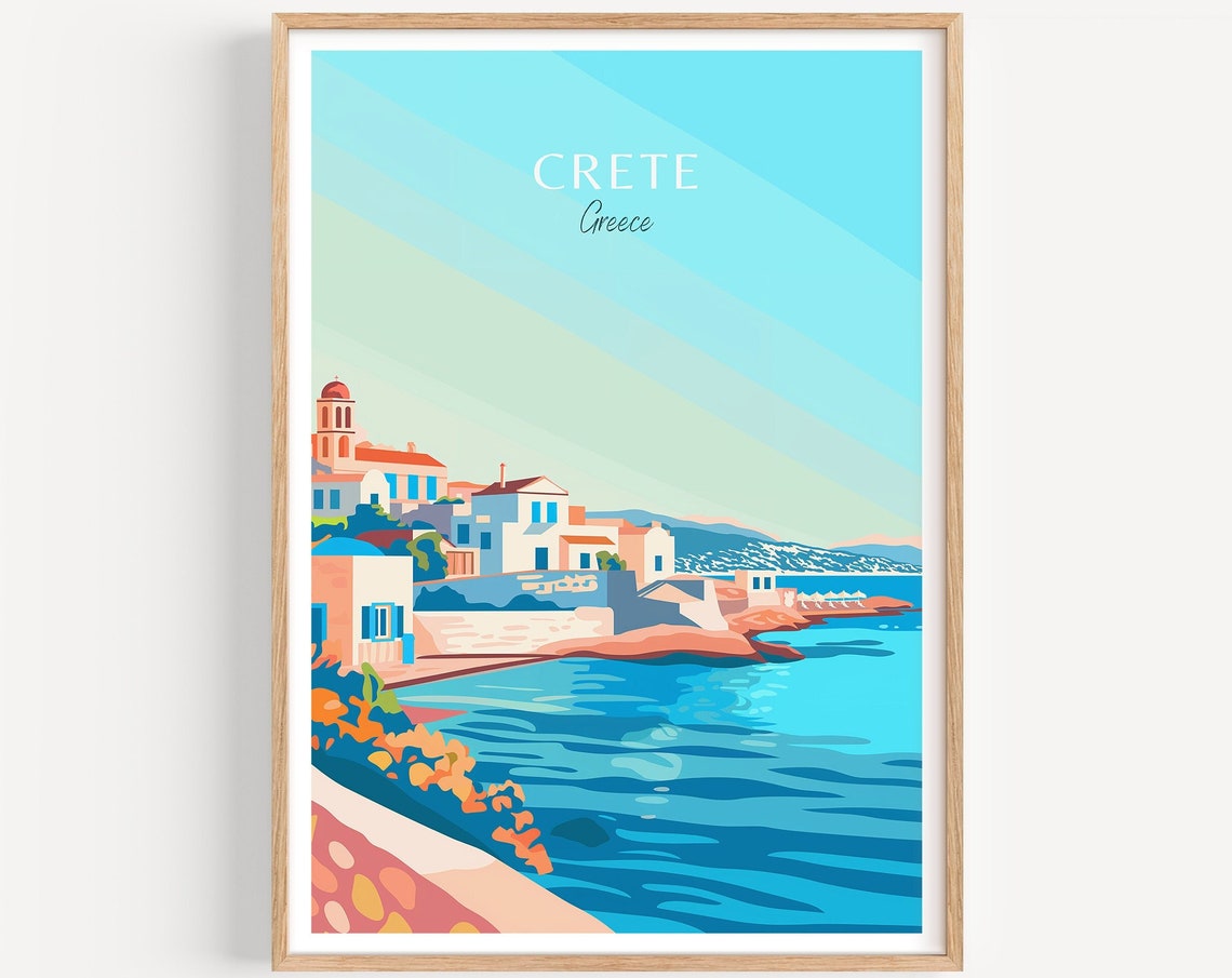 Charming Crete Greece Blue Seaside Village on a Rocky Shore Poster