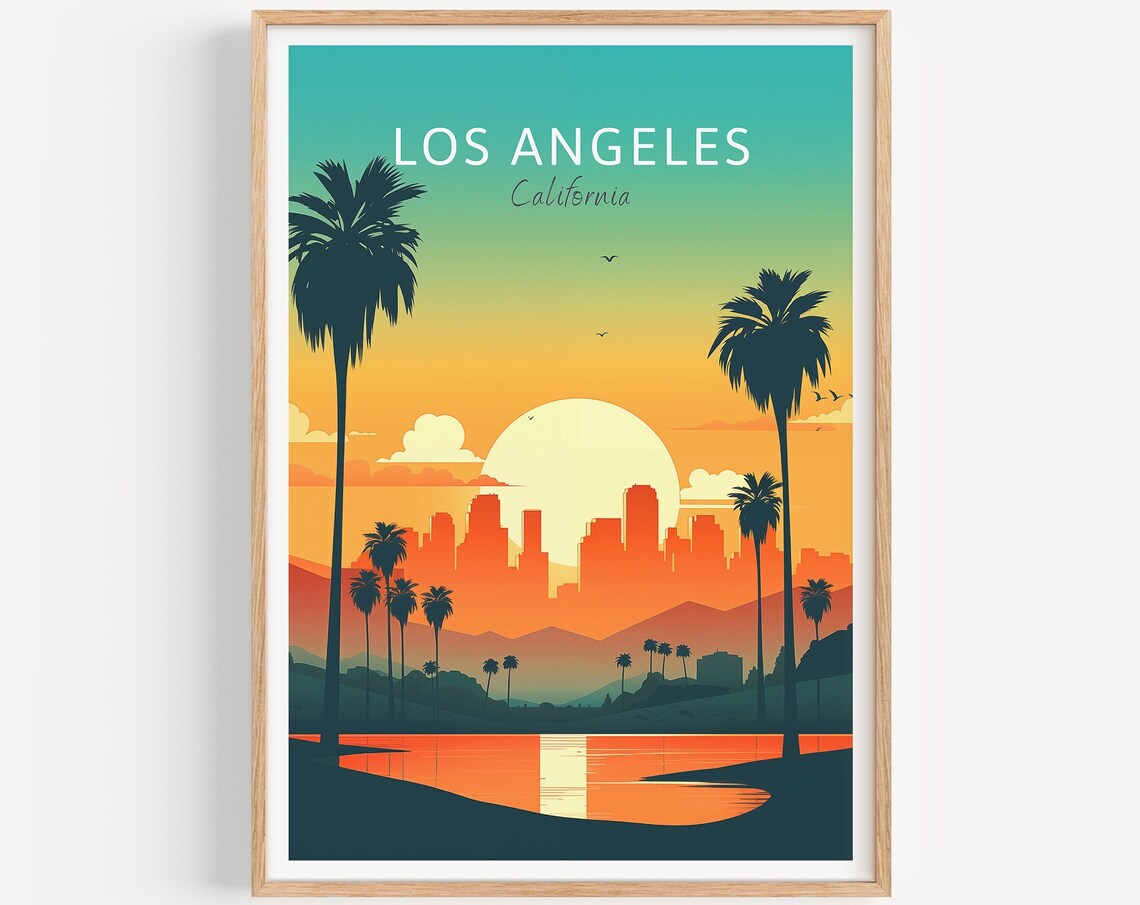 Los Angeles California Palm Silhouettes Sunset Skyline Travel Poster