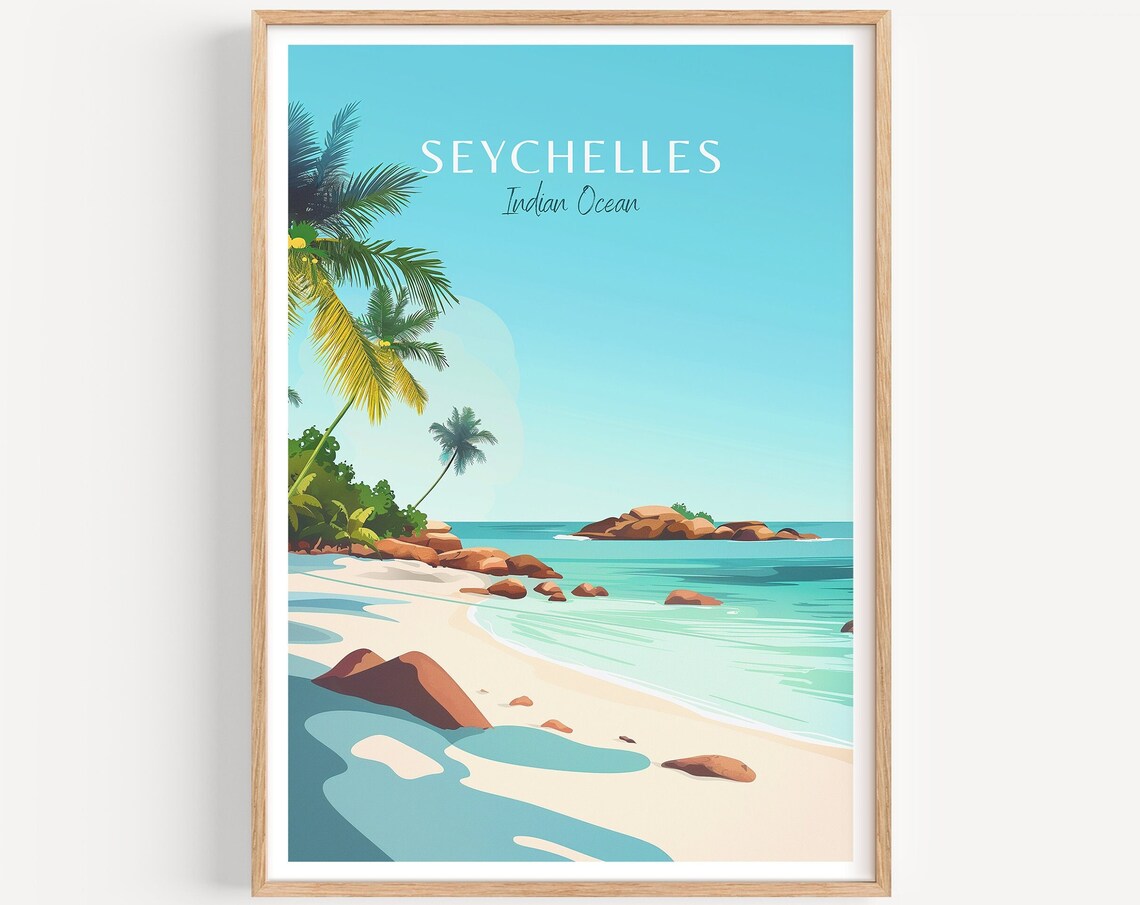 Seychelles Travel Poster, Beach Travel Poster Print