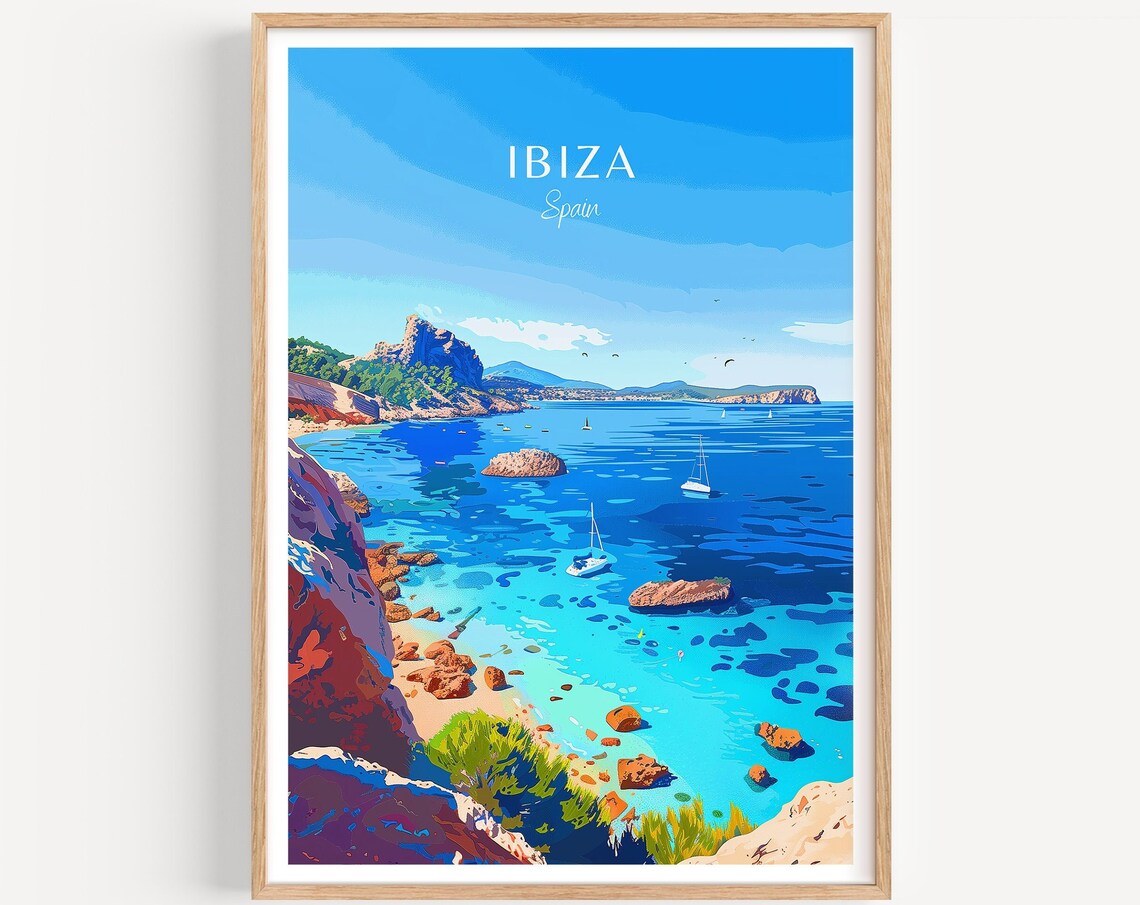 Ibiza Spain Turquoise Cove Sailboats Rocky Cliffs Travel Poster