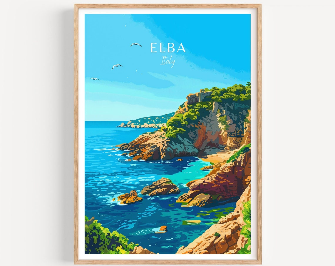 Elba Italy Rocky Coastline Turquoise Sea Seagulls View Poster
