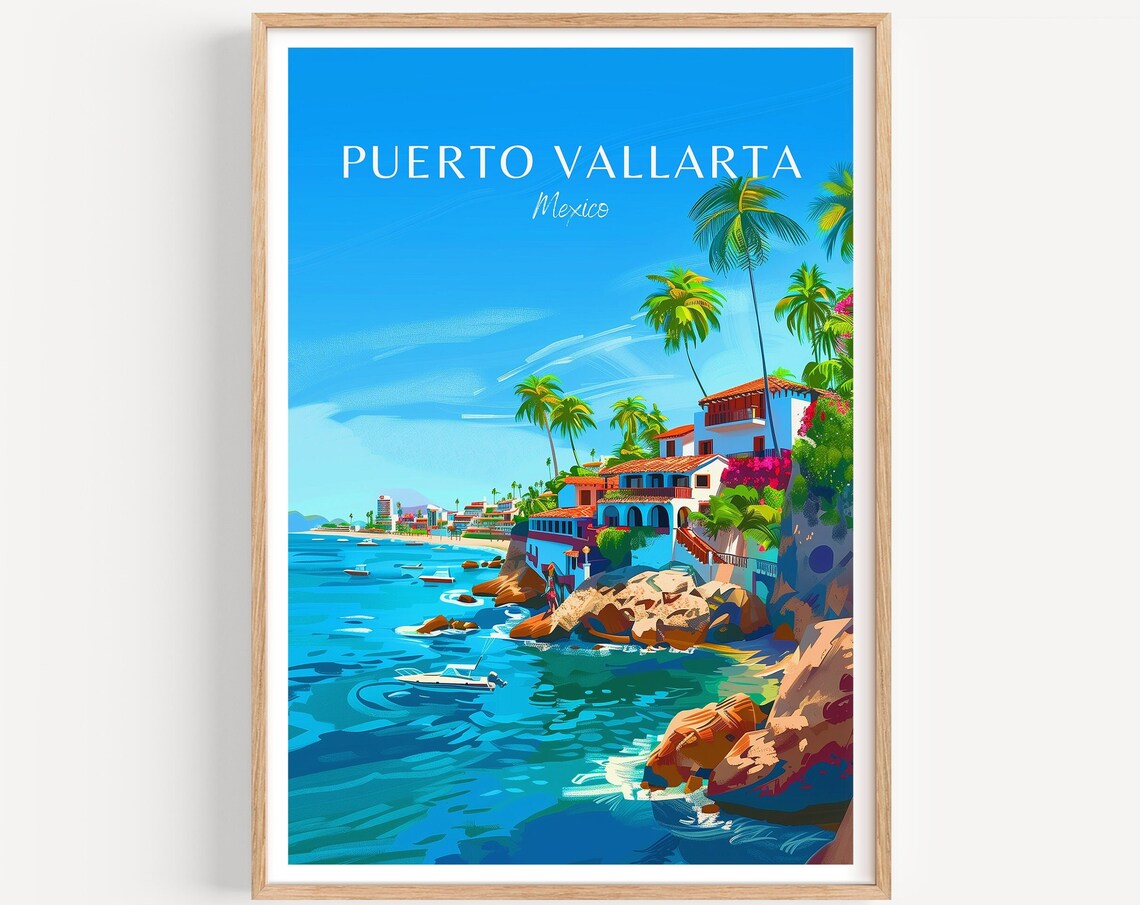Puerto Vallarta Mexico Cliffside Villa Palms Ocean Boats Travel Poster
