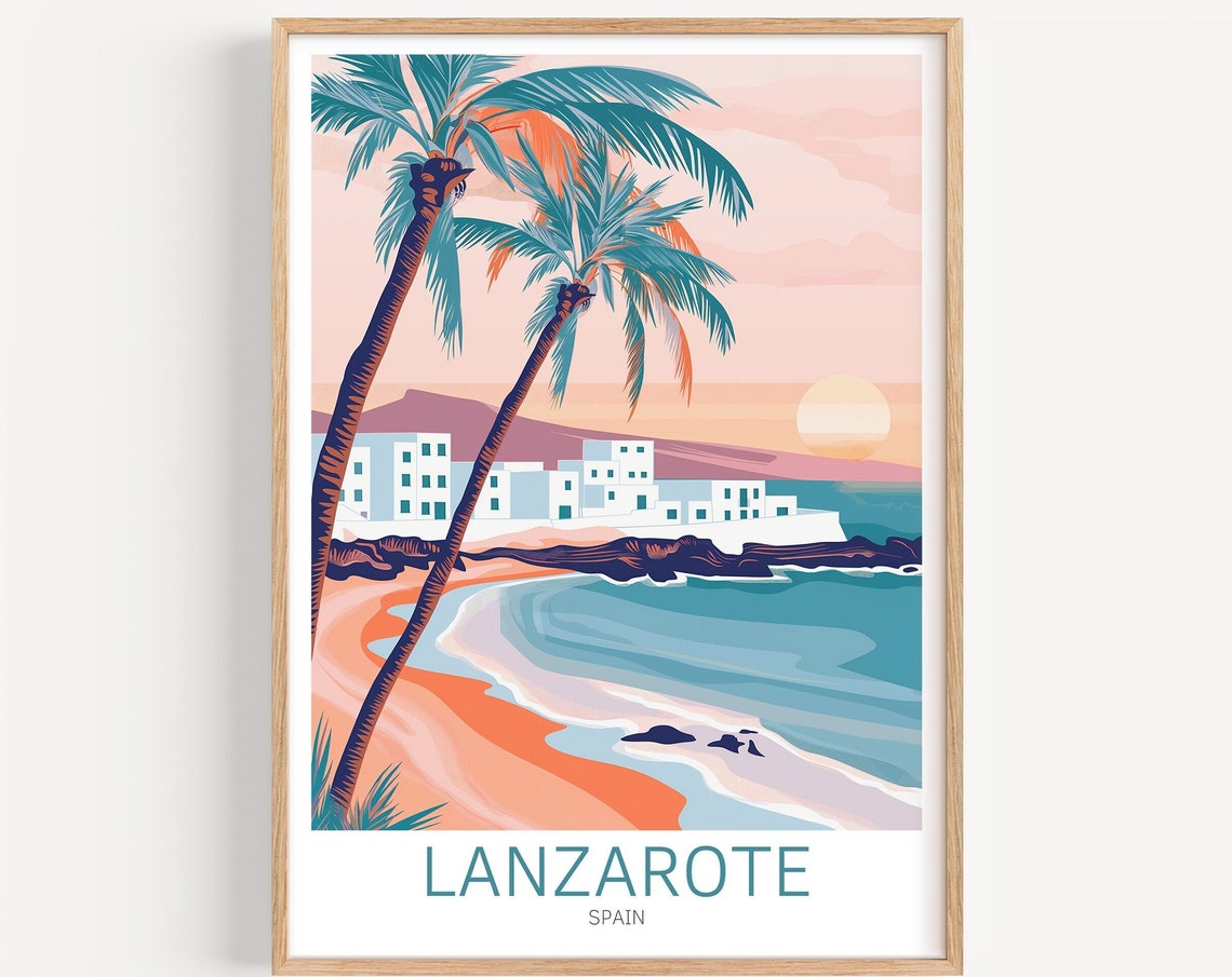 Lanzarote Spain Canary Island Palm Beach Illustrated Travel Poster