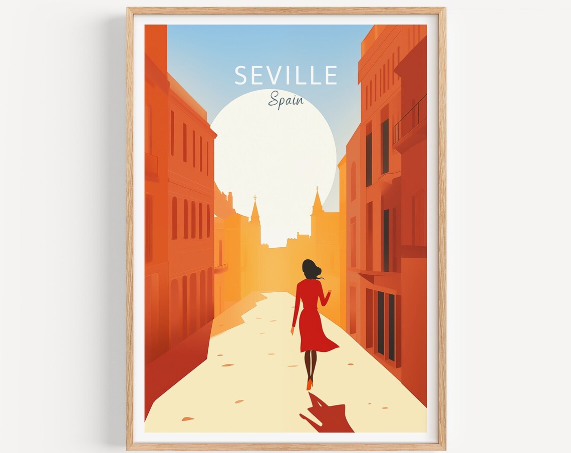 Seville Spain Old Town Sunset Street Scene Illustrated Travel Poster
