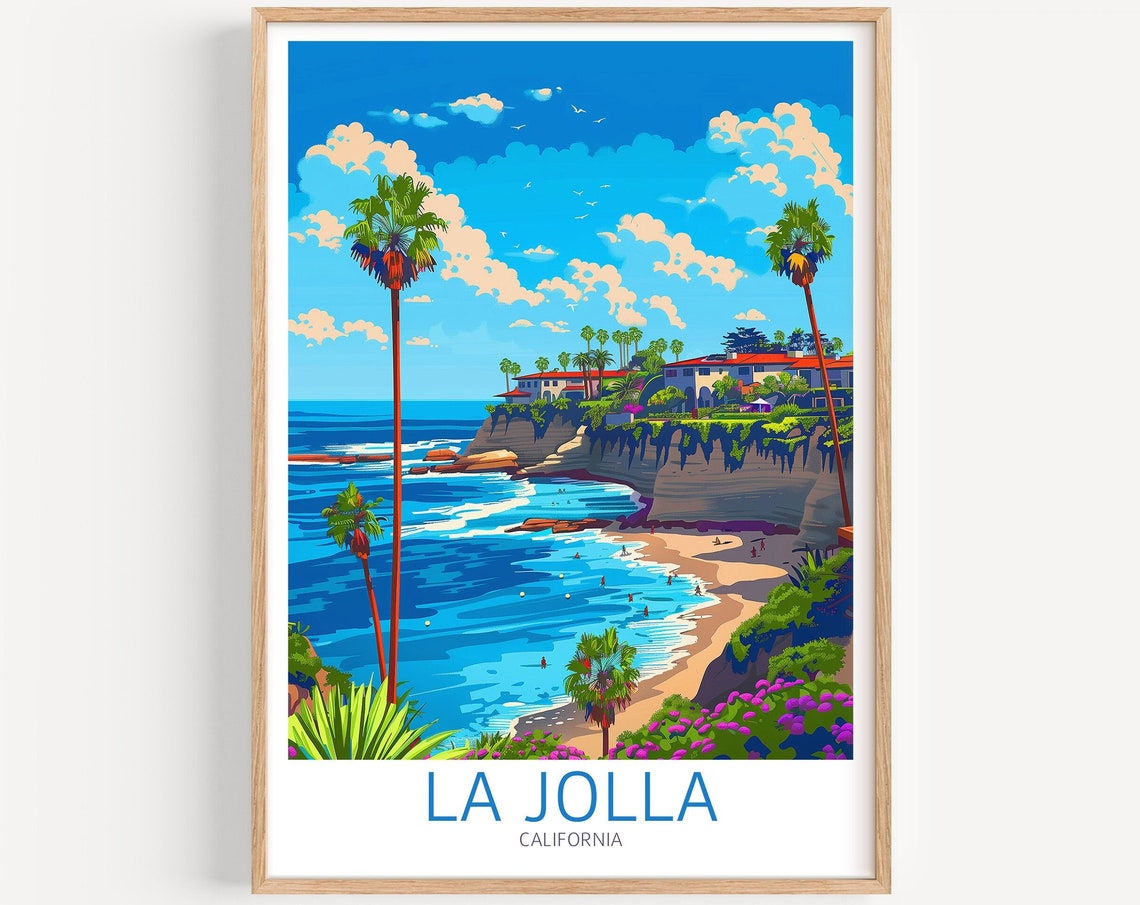 La Jolla California Cove Beach Palm Trees Blue Sky Travel Poster