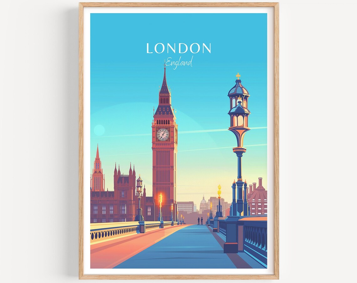 Golden Iconic London England Big Ben and Westminster Bridge Poster