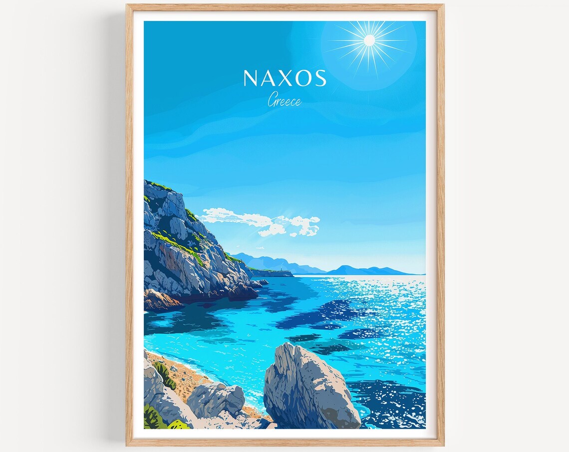 Sunny Naxos Greece Rocky Cove Turquoise Sea Vintage Travel Poster