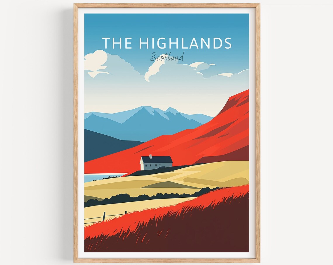 The Highlands Scotland Poster Rolling Hills Cottage Mountain View Art