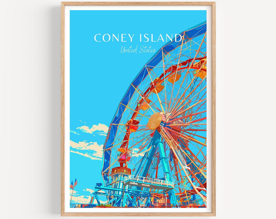 Coney Island New York Travel Poster Ferris Wheel Boardwalk Art