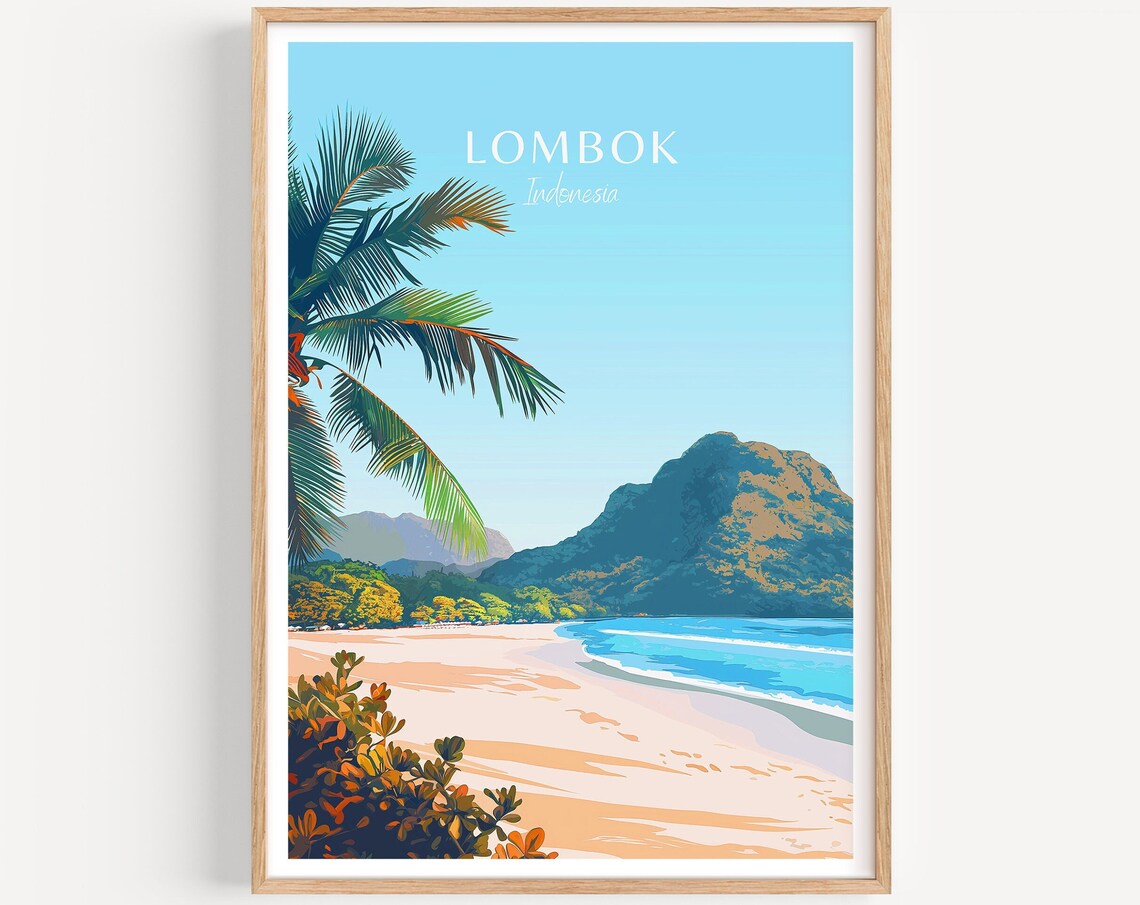Lombok Indonesia Palm Tree Sandy Beach and Mountain Travel Poster