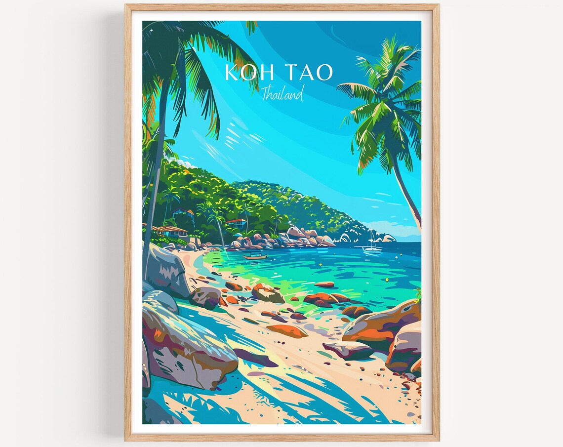 Koh Tao Thailand Tropical Island Palm Beach and Rocky Cove Poster