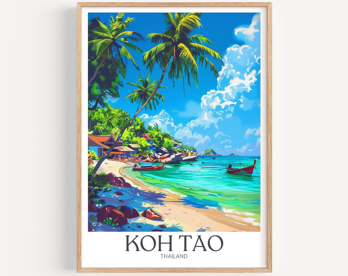 Colorful Koh Tao Thailand Fishing Boats in a Clear Bay Poster
