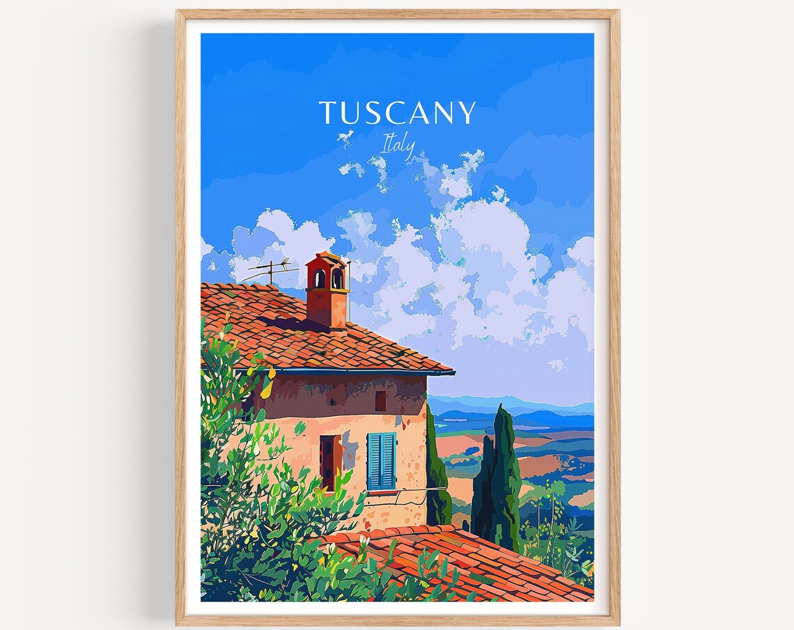 Tuscany Italy Farmhouse Terracotta Roof Illustrated Travel Poster