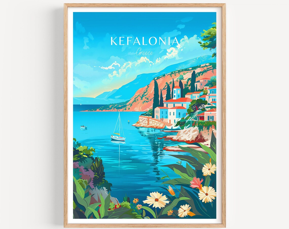 Kefalonia Greece Harbor Village Sailboats Seascape Travel Art Poster