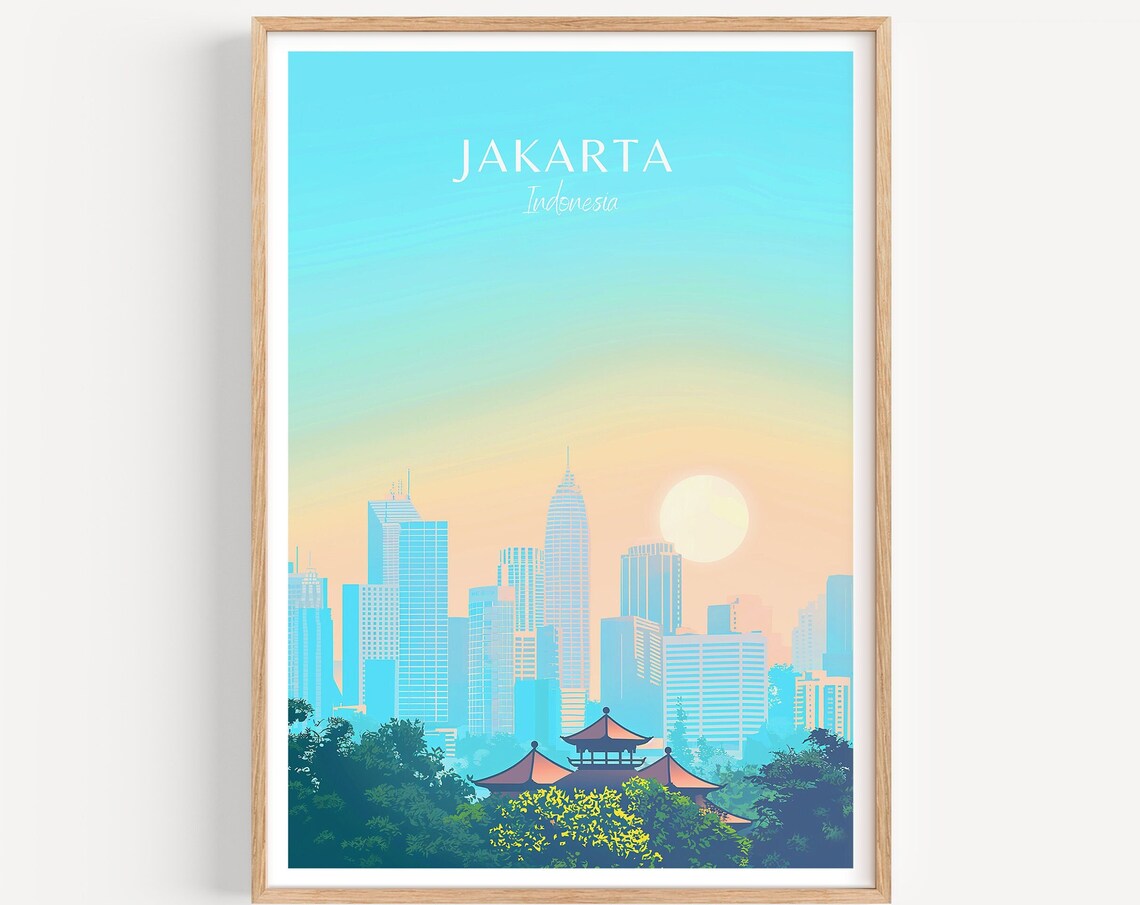 Jakarta Indonesia Golden Hour Skyline at Sunset with Pagoda Poster