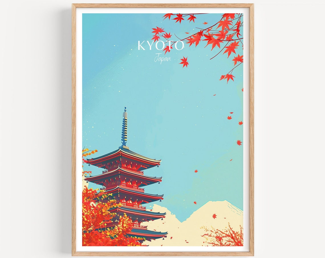 Kyoto Japan Red Five Storied Pagoda with Autumn Maple Leaves Poster