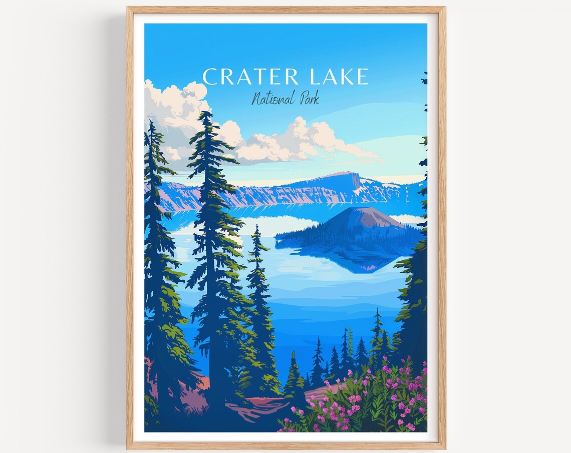 Crater Lake National Park Blue Caldera Pine Forest Travel Poster