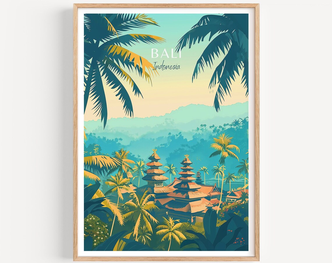 Bali Indonesia Temple Palms Golden Teal Vintage Travel Poster
