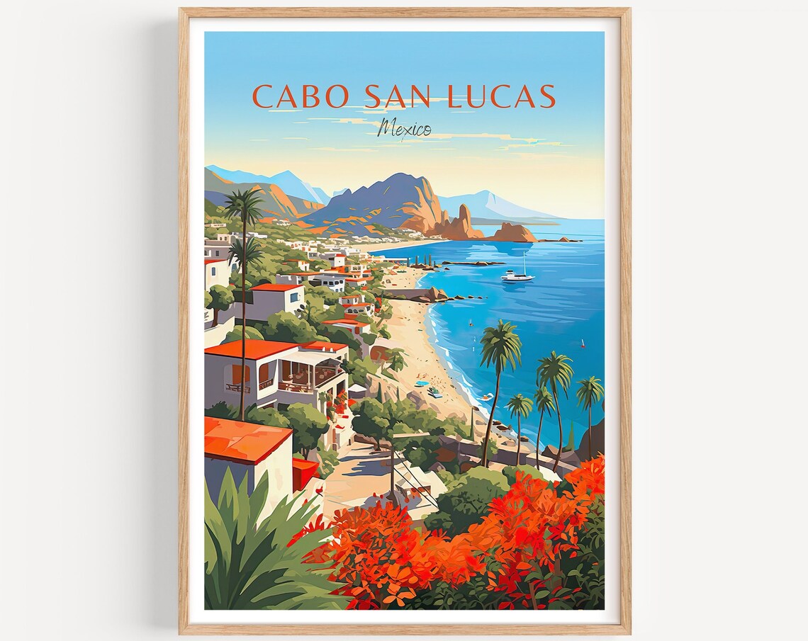 Cabo San Lucas Mexico Travel Poster Bay Beach White Houses Coast Art
