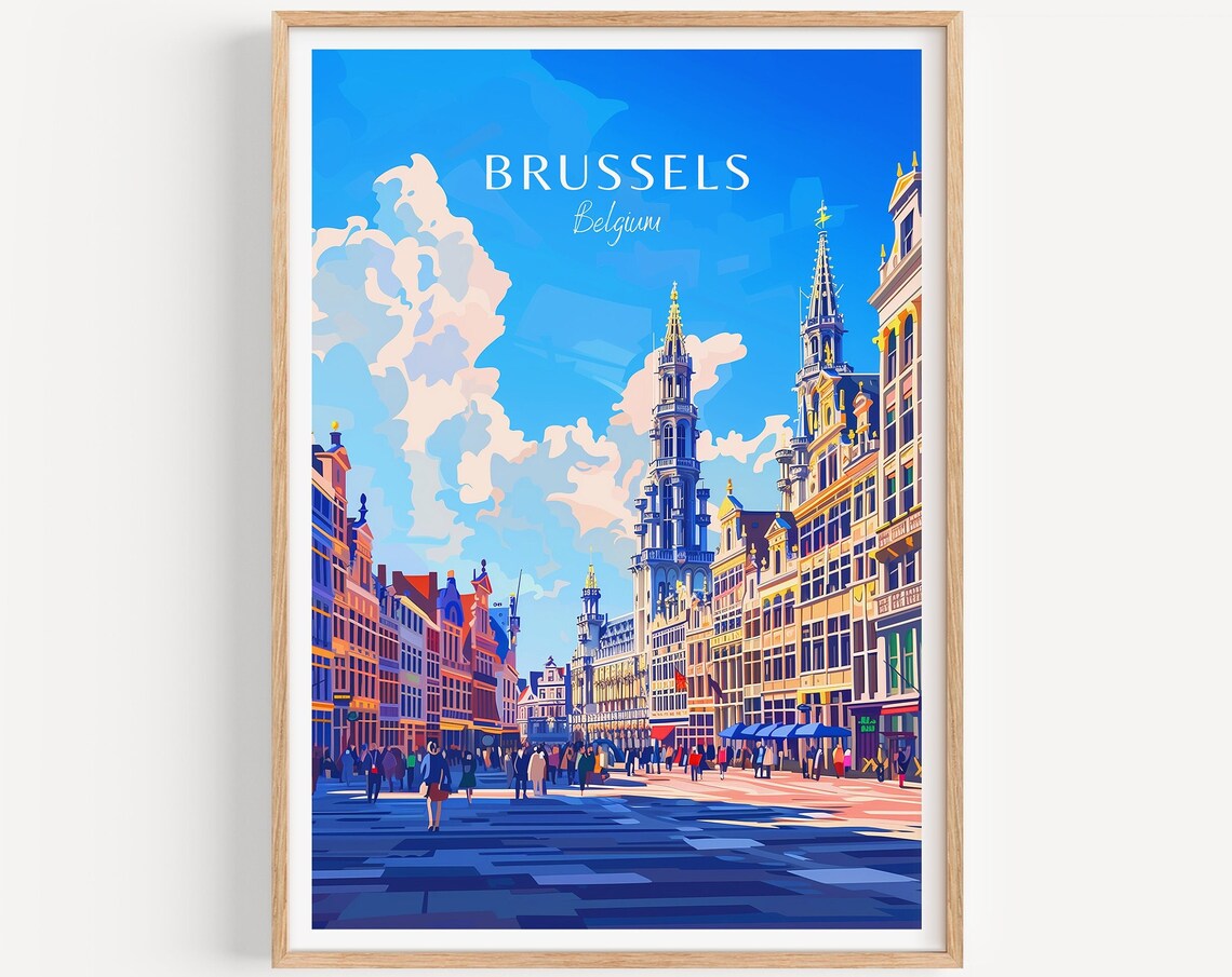 Brussels Belgium Grand Place Guildhalls Daytime Vintage Travel Poster