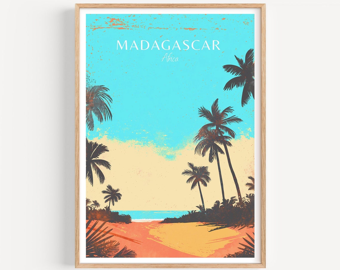 Madagascar Africa Retro Tropical Beach Palm Silhouette Sunset Poster