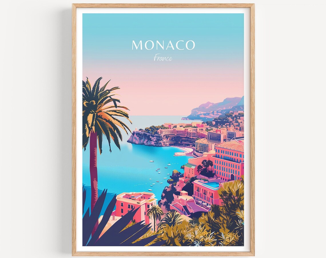Monaco France Riviera Coastline Pink Sunset Harbor Travel Poster