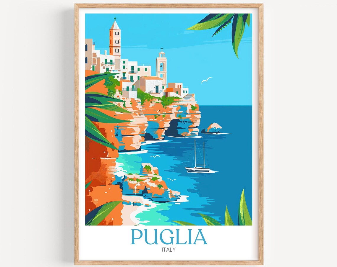 Puglia Italy White Cliffside Coastal Town Vintage Travel Poster