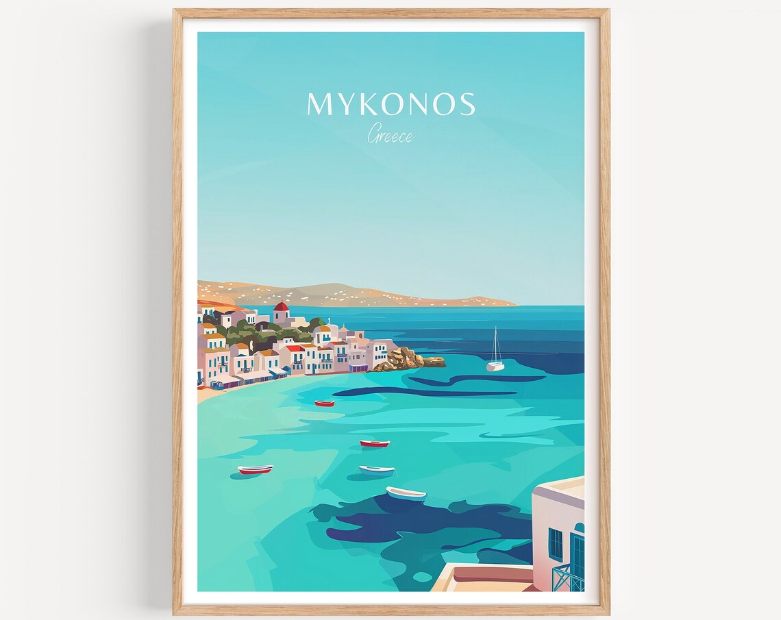 Mykonos Greece Harbor View with Boats and Old Town Travel Poster