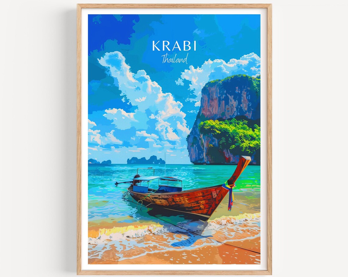 Krabi Thailand Longtail Boat Beach Limestone Cliff Travel Poster