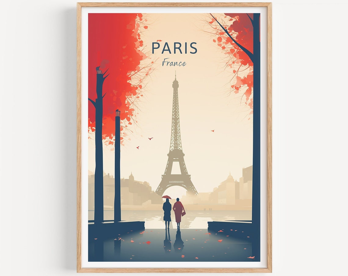 Paris France Poster Eiffel Tower Autumn Leaves Couple Stroll Art